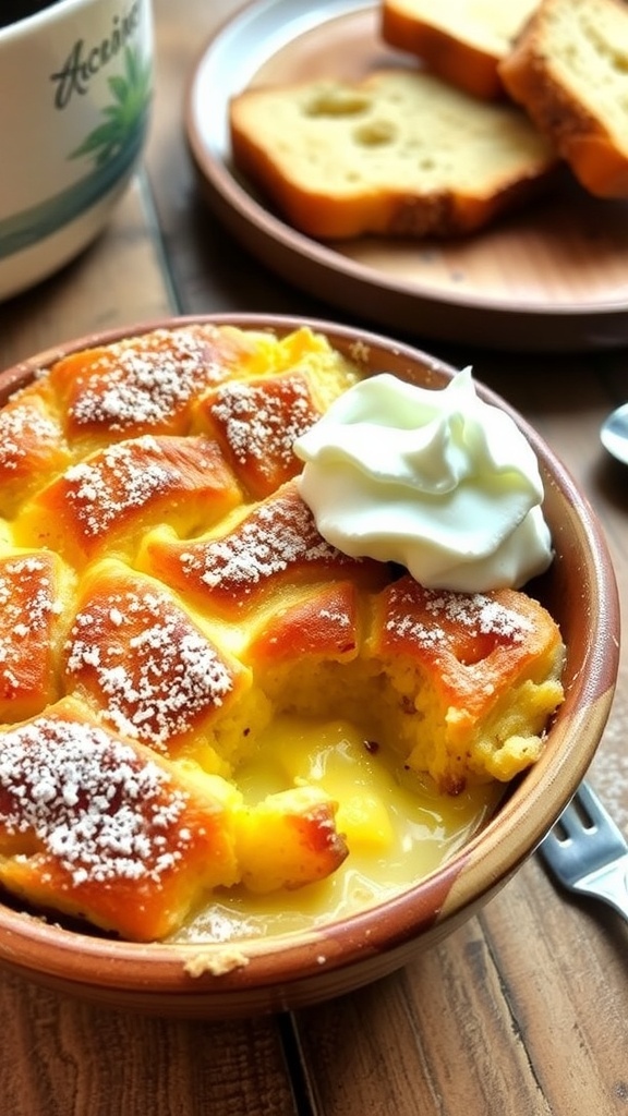 A warm bowl of small batch bread pudding topped with powdered sugar and whipped cream, set on a rustic table.